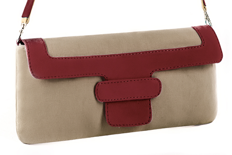 Tan beige and burgundy red women's dress clutch, for weddings, ceremonies, cocktails and parties. Front view - Florence KOOIJMAN